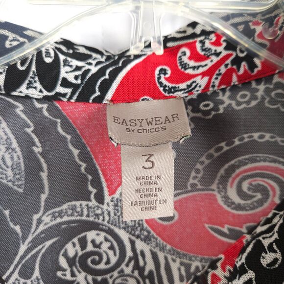 Chico's Easywear 3 Womens 16 Black Paisley Sheer Roll Tab Button Up Shirt Blouse - Picture 2 of 9